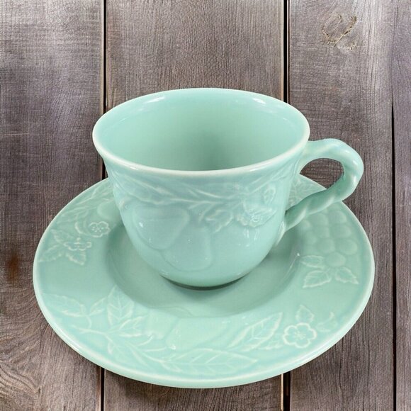 Savoir Vivre Fruit Promenade Celadon Porcelain Ceramic Teacup And Saucer Set VTG - Picture 1 of 16